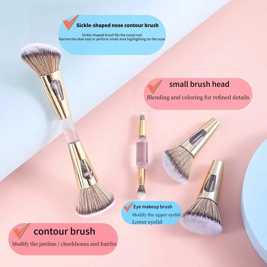 New 4-In-1 Makeup Brush Set: Blush Brush, Powder Brush, Eyeshadow Brush, Contour Brush, Portable Makeup Brushes - Gold - View 1