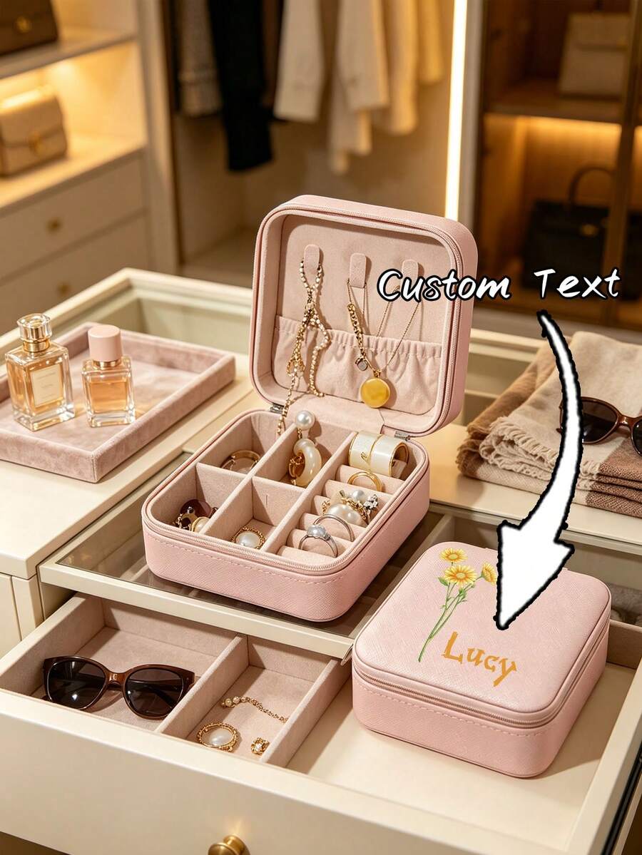 Personalized Custom Name Daisy Print Jewelry Box, Portable Travel Zipper Jewelry Organizer, Ring Earring Necklace Watch Storage Box, Customized Gift For Women - Multicolor - View 1