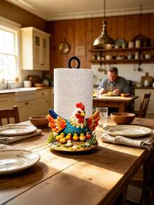 Farmhouse Rooster & Chick Paper Towel Holder, Colorful Metal Freestanding Desktop Paper Towel Dispenser, Sturdy Iron Base, Country Style Kitchen Countertop Decor, Home Storage & Organization Gift, Suitable For Farm Enthusiasts, Applicable For Restaurant Dining Table - Multicolor - View 4