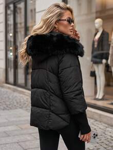 Women's Quilted Puffer Jacket, Faux Fur Hood Trim, Zip Front, Ribbed Cuffs, Relaxed Fit - Black - View 3