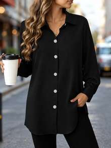 Fashion Women's Clothing New Arrival All Seasons Casual Comfortable Mid-Length Button-Up Shirt Black - Black - View 1