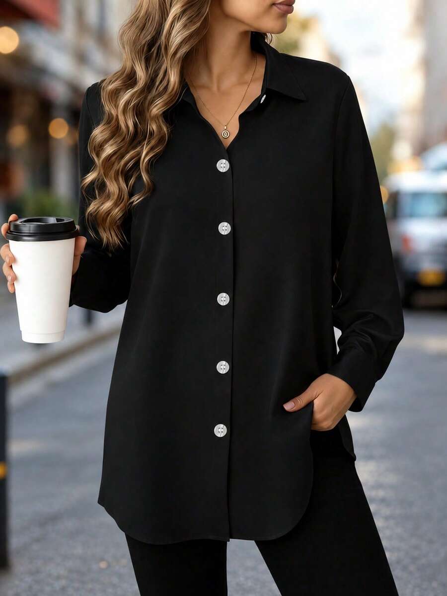 Fashion Women's Clothing New Arrival All Seasons Casual Comfortable Mid-Length Button-Up Shirt Black - Black - View 1