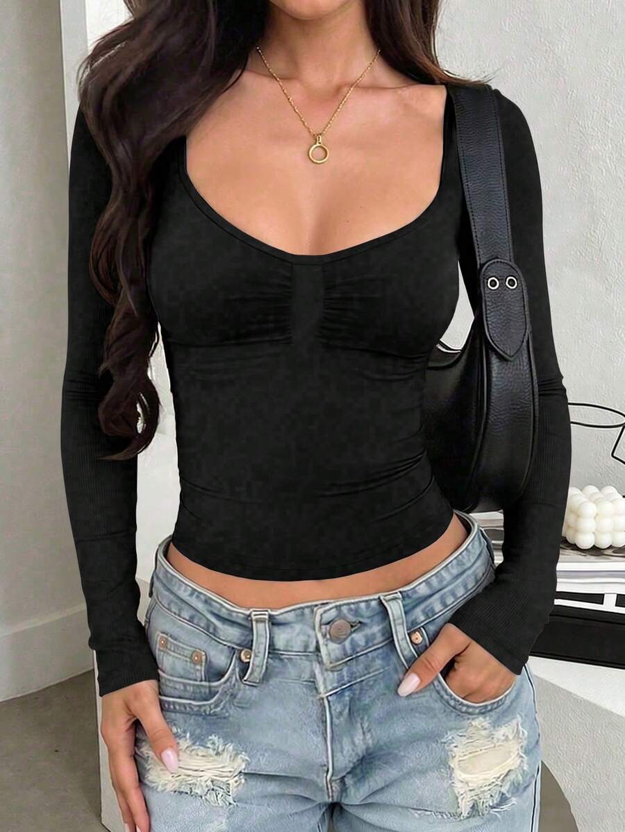 NOIRLYN Women's Y2K Sexy Square Neck Ruched Front Long Sleeve T-Shirt, Slim Fit Tight Sweet Style Base Layer Top, Autumn/Winter - Black - View 1