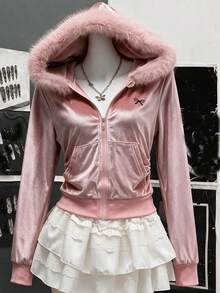 Lurzo Glossy Plush Hooded Jacket For Teen Girl, Suitable For Autumn/Winter, With Faux Fur Trim, Ribbed Cuffs And Bow Pattern, Perfect For Casual Wear And Back To School Season - Pink - View 2