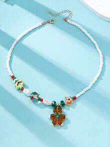 1 Pc Bohemian Boho Christmas Beaded Necklace, Handmade Glass Gingerbread Man Pendant , Xmas Party Jewelry, Holiday Festive Accessories Gift - Christmas Pendant Necklace - View 2