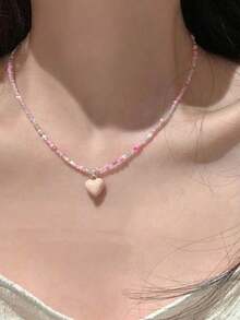 Mori Style Candy Color Heart Beaded Necklace For Women, Ins Cute Sweet Elegant Collarbone Chain, 1pc (Bead Color Random) - Pink - View 3