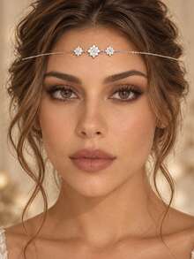 STONEFANS 1pc European & American Exotic Floral Forehead Chain Wedding Accessory Fashion Minimalist Bridal Headband Hairband - Silver - View 1