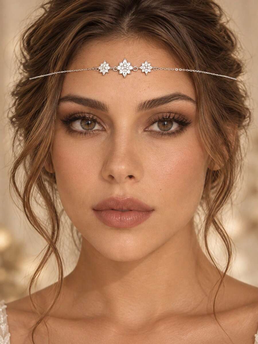 STONEFANS 1pc European & American Exotic Floral Forehead Chain Wedding Accessory Fashion Minimalist Bridal Headband Hairband - Silver - View 1