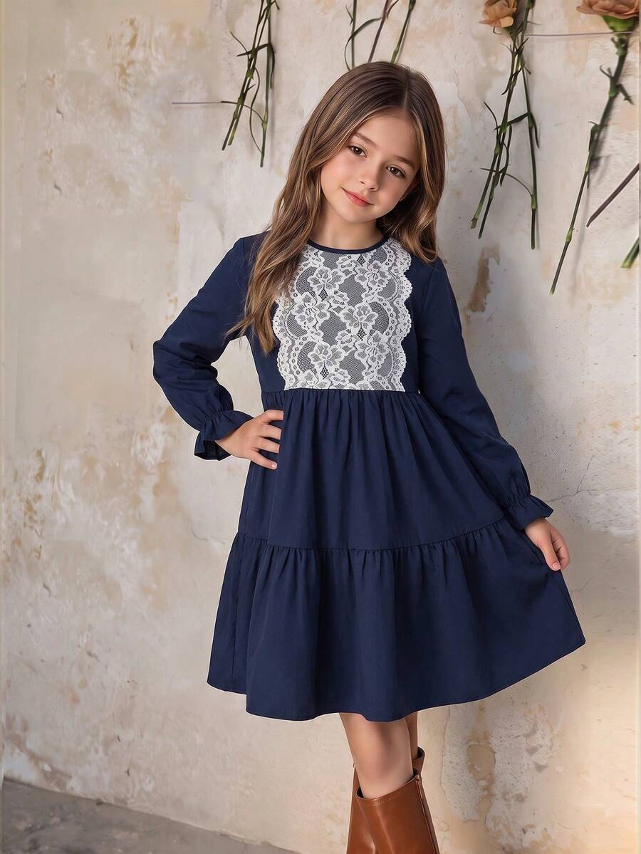 Tween Girls Tween Girl Autumn/Winter Deep Blue Patchwork Contrast Color Ruffle Vintage Cinched Waist A-Line Pastoral Vacation Casual Versatile Dress - Royal Blue - View 1
