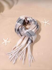 1pc Women's Fashion Korean Style Plaid Scarf, Autumn/Winter Warm Fashion Tassel Student Scarf, Thick Long Scarf, Couple Shawl - Khaki - View 1