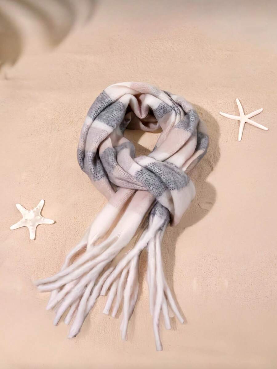 1pc Women's Fashion Korean Style Plaid Scarf, Autumn/Winter Warm Fashion Tassel Student Scarf, Thick Long Scarf, Couple Shawl - Khaki - View 1