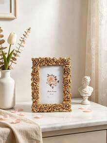 1pc Gold Rose Border Rectangular Photo Frame, European Style Resin Material Decorative Photo Frame, Embossed Photo Frame, Rose Tabletop Frame, Luxury Photo Holder, Gilded Vertical Frame, Can Be Placed Horizontally Or Vertically, Suitable For Decorating Photos And Photo Frames, Gift Photo Frame, Wedding Photo Frame - Gold - View 10