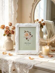 1PC European Style White Embossed Rose Photo Frame, Resin Material Desktop Warm Photo Display Frame, Picture Frame, Photo Frame, Decorative Frame, Suitable For Soft Decoration Ornaments, Desktop Decor, Wedding Gift, Bedroom Vanity Decor, Wedding Photo Memorial Photo Frame - White - View 5