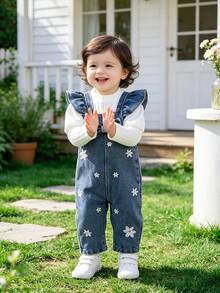 Baby Girl Ribbed Long Sleeve Top & Denim Overalls 2pcs Set, Sweet Pastoral Style, Soft Elastic Ribbed Soft Denim Embroidered Outfit For Daily Wear And Outings, Spring/Autumn - Multicolor - View 4