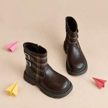 1 Pair Girls' Brown Plaid Patchwork Double Buckle Decor Side Zipper Mid-Calf Boots, Suitable For Autumn/Winter Outfit Matching - Coffee Brown - View 3
