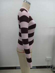 MORI Women's Y2K Pink Chocolate Striped Full Zip Lapel Long Sleeve Slim Fit Ribbed Knit Cropped Cardigan Sweater Top Set, Autumn/Winter Fall - Pink and Brown - View 2