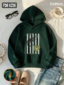Autumn Winter Girls Fleece Hoodie With Love You So Much Text Palm Tree Heart Print Black Long Sleeve Y2K - Dark Green - View 2