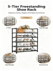 5-Tier Metal Shoe Rack, Freestanding Shoe Storage Organizer, Multi-Layer Shoe Shelf For Entryway Hallway, Sturdy Frame Shoe Holder, Portable Assembly Shoe Stand For Home Bedroom Closet, Holds Sneakers, Sandals, Boots And Handbags - Black - View 6