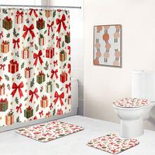 1pc/4pcs Large Bow Gift Box Pine Branch & Star Pattern Multi-Functional Bathroom Decor Shower Curtain Set, Free 12 Hooks, Premium Holiday Atmosphere, Bathroom Mat, U-Shaped Floor Mat And Round Toilet Lid Cover, Suitable For All Occasions, Bathroom Set - Gift Box With Large Bow, Pine Branches, and Stars - View 7