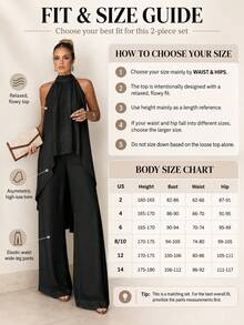 Women's 2-Piece Set, Elegant Solid Color Front Short Back Long Twist Halter Neck Top And Long Pants, Suitable For Party, Vacation, Street, Date In Spring/Summer Black - Black - View 6