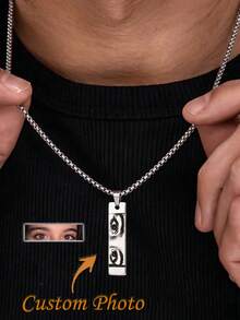 Men's Customized Girlfriend Eye Photo Long Bar Pendant, Laser Engraved Eye Photo Square Plate Necklace, Stainless Steel Corn Chain Eye Pendant - Multicolor - View 2