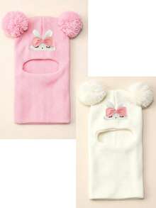 1Pc Children 1‑8Y Winter Knit Balaclava Helmet Hat, Cute Sleeping Rabbit , Two Big Fluffy Pom Pom Balls, Full Neck Cover Warm Keeping For Outdoor Use - Multicolor - View 17