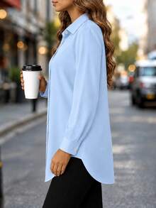Fashion Women's New Arrival All-Season Casual Comfortable Mid-Length Button-Up Shirt - Light Blue - View 3