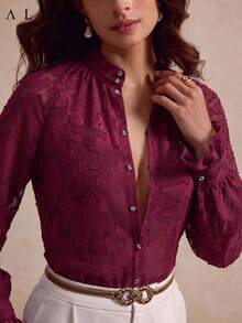 Elegant Women's Blouse With Floral Cutout Design, Suitable For Daily Wear And Dates, Layerable, 2026 Autumn/Winter Fall Fashion Office Wear - Burgundy - View 3