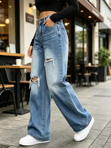 Pantalones vaqueros Desgastados De Cintura Media Y Pernera Recta Con Diseño Lavado, Jeans holgados con rotos y lavados para mujer, Jeans rectos, sueltos, versátiles y informales - Azul vaquero lavado - Ver 2