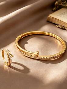 Letingsha 2pcs/Set Minimalist Luxury Gold-Plated Zirconia Jewelry Set, Bracelet And Open Ring, Suitable For Women's Wedding, Banquet And Daily Party Wear - Yellow Gold - View 10