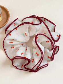 1pc New Korean Style Cherry Print Scrunchie Hair Tie For Women, High-End Hair Accessory For Bun And Low Ponytail - Multicolor - View 5