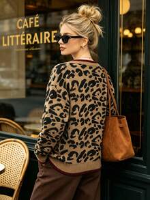 European & American Vintage Leopard Jacquard Cardigan, Burgundy Contrast Trim Round Neck Loose Knit Jacket - Camel - View 2