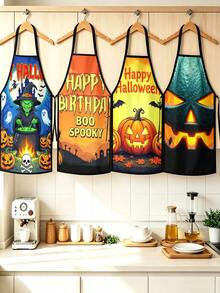 1pc/2pcs/4pcs Happy Halloween Print Kitchen Apron, Pumpkin Ghost Witch Haunted House Pattern Cooking Baking Apron, Halloween Party Costume Decor Apron, Holiday Gift - Multicolor - View 2