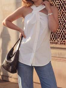 Women's Asymmetrical Twist Neck Halter Sleeveless Top White Summer - White - View 5