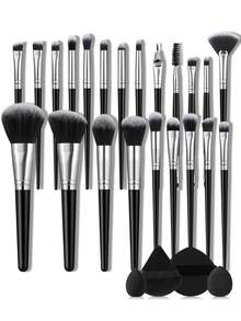 26 Pcs Makeup Brush Kit, 22 Pcs Cosmetic Brushes And 4 Pcs Makeup Puffs. Multiple Brush Shapes Meet Full Face Makeup Needs, Powder Puffs Help Seamless Base Makeup Application For Beginners. - Multicolor - View 12