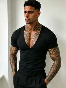 ZYNTH BALENO Men's Summer Fashion V-Neck Short Sleeve T-Shirt, Suitable For Outdoor Sports, Gym Workouts - Black - View 4