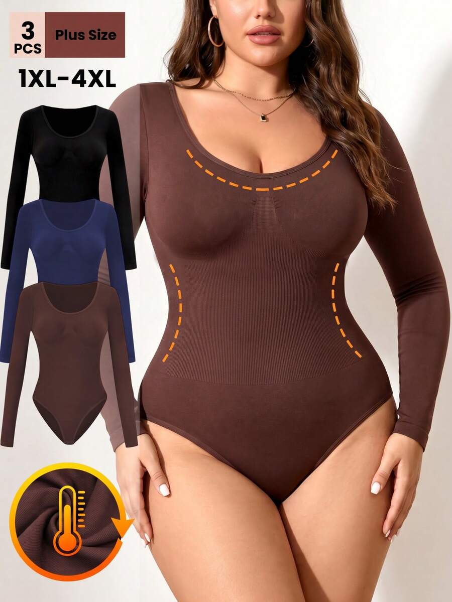 3pcs Plus Size Women Seamless Sculpting Bodysuit Tummy Control Long Sleeve Scoop Neck Base Layer Top Fall Winter - Multicolor - View 1