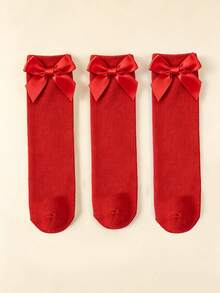3 Pairs Kids Straight Tube Socks With Bowknot Decor, Solid Color Uniform Dress Socks For Teenagers - Red - View 5
