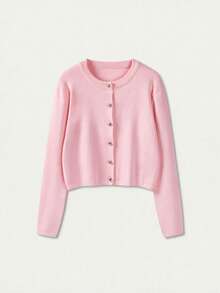 FOR BEAUTY Women's Pink Knitted Cardigan, Round Neck Button Long Sleeve Cropped Slim Fit Soft Jacket Fall - Lotus Powder - View 7