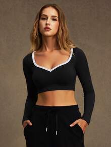 VVX Women Color Block Sweet Heart Neck Long Sleeve Gym T-Shirt Crop Tops Seamless Ribbed Workout Yoga Active Sports Top Casual Soft - Black - View 4