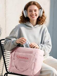 1PC Embroidered Customized Text Winter New Cotton Padded Gift Bag, Commuter Shopping Shoulder Bag, Fashionable Diamond Pattern Large Capacity Solid Color Down Cotton Casual Bag, Gift For Friends, Mom For New Year And Christmas - Multicolor - View 5