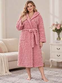 1pc Plus Size Women's Pink Autumn/Winter Soft Style Hooded Bathrobe, Heart Jacquard Tie Waist, Double Pockets, Thick Plush Robe - Pink - View 3