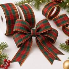 10 Yards Red And Green Plaid Ribbon With Luxurious Gold Trim Pattern, Christmas Ribbon Set, Classic Red And Green Striped Ribbon, Suitable For Gift Wrapping, Holiday Celebrations, Making Bows, Wreaths And Other DIY Crafts - Multi-color - View 8