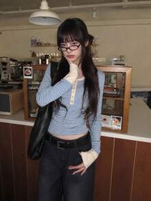 YEAE | Women's Blue Striped Contrast Trim Henley Collar Long Sleeve Top - Mint Blue - View 5