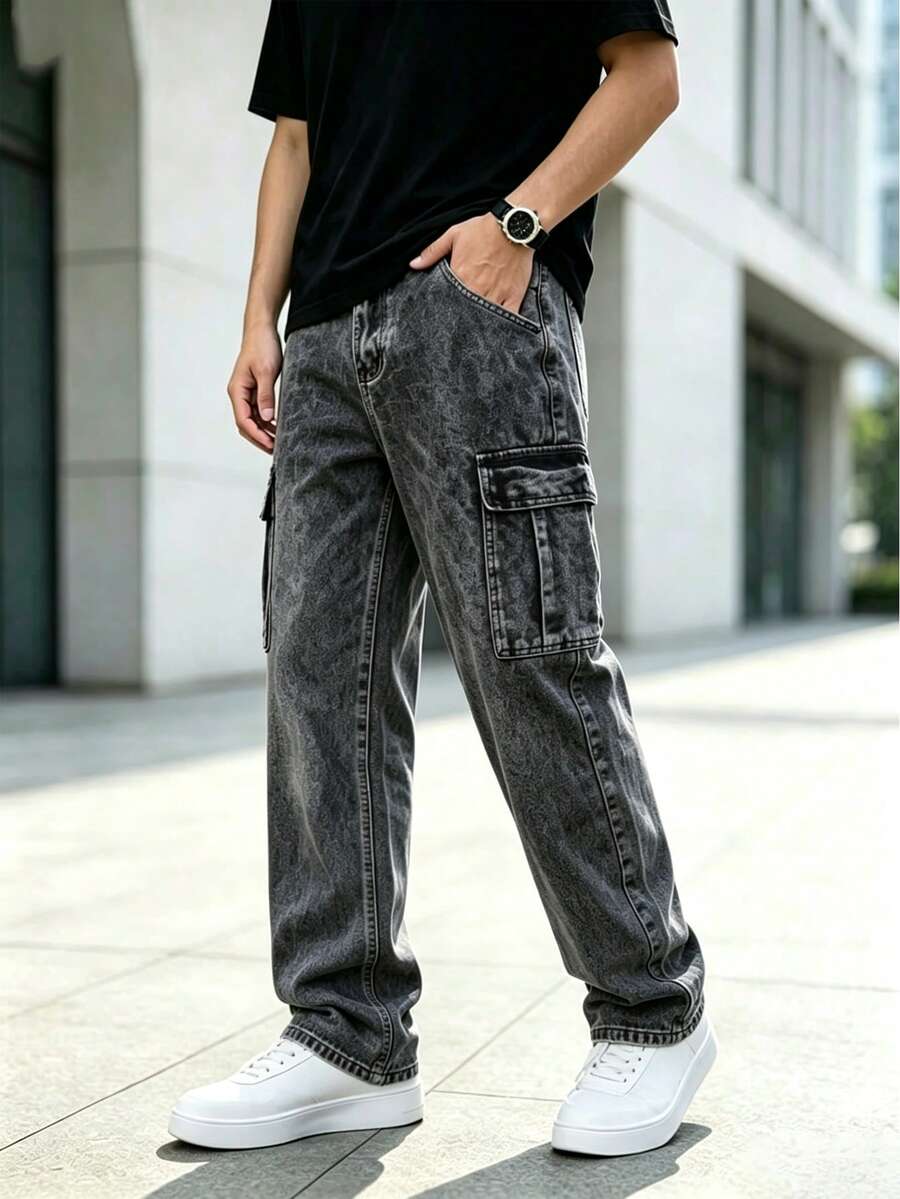 Men's Flap Pocket Side Cargo Jeans, Solid Color Long Straight Leg Washed Cargo Jeans In Deep Gray, Suitable Gift For Husband Or Boyfriend - Black - View 1
