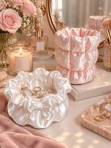 2-Piece 3D Printed Satin Bow Jewelry Storage Tray And Bead Tool Storage Tube Set, Wrinkled Smooth Vanity Desktop Organizer Box, Cute Storage Container For Necklaces, Rings, Makeup Brushes, Sweet Gift For Women And Girls - Multicolor - View 5