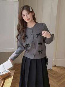 Áo cardigan len dệt kim dáng rộng tay dài cổ tròn, đính nơ, cài nút đơn, màu trơn cho mùa Thu/Đông - Bụi tím - Xem 7