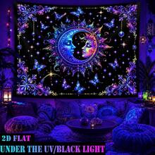 2D Flat Pattern, Single Sun And Moon Tapestry, Black Background With Starry Sky And Butterfly Carving, Sun And Moon Goddess Design, Glows Under Fluorescent Light, Suitable For Wall Decor, Bedroom Background Decoration, Party Decoration - Multicolor - View 12