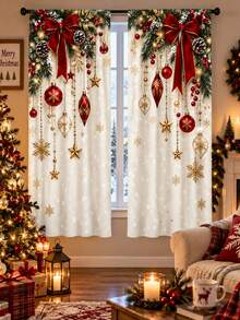 2 buah Tirai Motif Ornamen Meriah, Tirai Natal Persegi Panjang Spandex Bergaya Rumah Pertanian yang Nyaman dengan Ranting Pinus, Buah Beri Merah, Bola Emas & Pola Kepingan Salju, Dekorasi Jendela Mudah Digantung untuk Ruang Tamu Liburan Musim Dingin - A - View 7