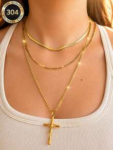 18K Gold Plated Women's European & American Style Vintage Cross Necklace 3pcs Set, Stainless Steel Durable, Daily Layering Gift Accessory - Gold - View 1